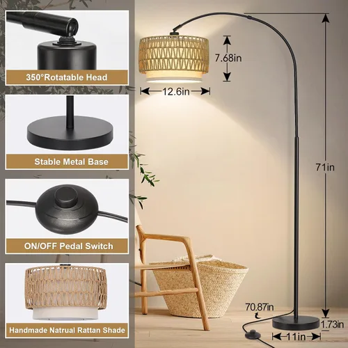 Vista 2 de Lámpara de pie de ratán, lámparas de pie de arco para sala de estar, lámpara de pie de granja con pantalla de tela colgante ajustable, lámpara