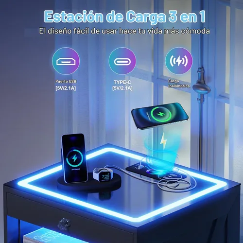 Vista 5 de Mesita de noche LED con sensor automático y estación de carga inalámbrica