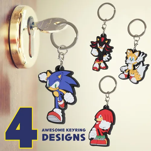 Vista 3 de Sonic The Hedgehog Llaveros de goma para niños, nudillos, cola de sombra para niños, coleccionables, paquete de 4 mini figuras, juego de llaveros