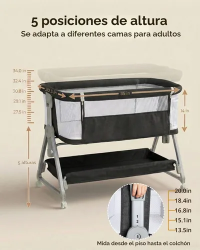 Vista 8 de Cuna de Bebé para Colocar al Lado de la Cama con Ruedas, Cuna Portátil 3-en-1 para Recién Nacido, Cuna de Dormir Lateral con Altura Ajustable