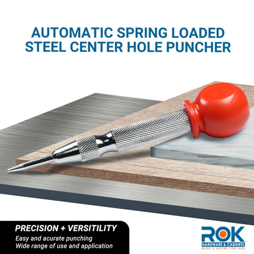 Vista 2 de Rok Hardware 5-1/8 "Herramienta automática de perforación de agujero central de acero con resorte para metal, madera y plástico ROKCPUNCH