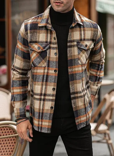 Vista 3 de JMIERR Camisas de franela para hombre, estilo casual, con botones, manga larga, a cuadros, chaquetas ligeras con bolsillos