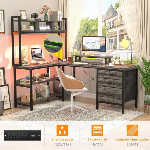 Vista 4 de Aheaplus Escritorio en forma de L con alacena, escritorio para juegos con luces LED, escritorio reversible para computadora con toma de corriente