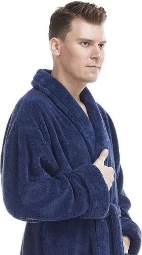 Vista 3 de Arus Bata larga larga de forro polar con cuello de chal para hombre, bata de baño turca