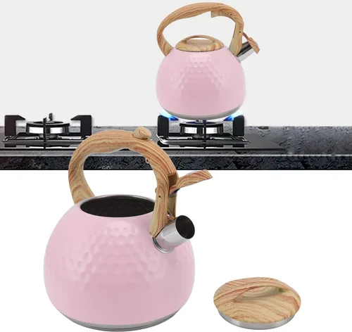 Vista 2 de Hervidor de té, tetera de acero inoxidable de 3 litros, estufa doméstica silbante, tetera versátil para estufa (9.1 in-rosa)