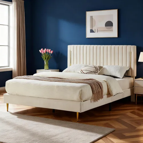Vista 8 de Furnify Armazón de Cama de Plataforma Twin, Armazón de Cama Tapizado en Terciopelo con Cabecera Ajustable de Canal Vertical, Ribete de Enchapado