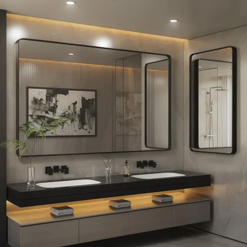 Vista 7 de ISKM Espejo con marco negro para pared de 20 x 16 pulgadas, espejo de tocador de baño antioxidante, vidrio templado, espejo rectangular redondeado