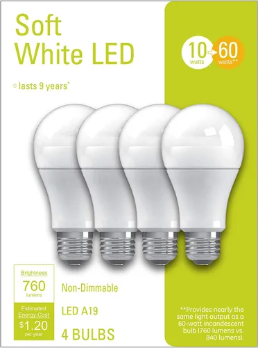 Vista 3 de GE Bombillas LED de iluminación, 60 W Eqv, blanco suave, bombillas estándar A19 (paquete de 4)