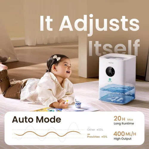 Vista 8 de Provirtec Humidificador evaporativo Pro Baby para dormitorio, sin niebla y sin polvo blanco, sin BPA y 16 dB, sueño silencioso para niños, 3 modos