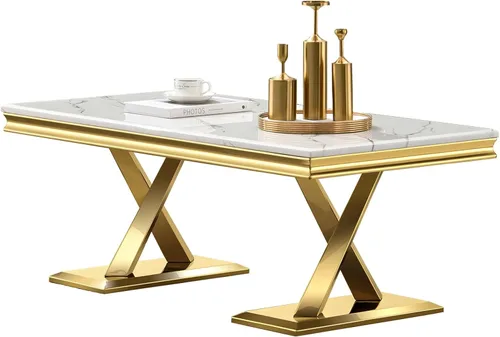 Vista 10 de Juego de 2 mesas auxiliares doradas, mesa auxiliar cuadrada blanca moderna con base en X de metal pulido dorado, elegante mesa decorativa