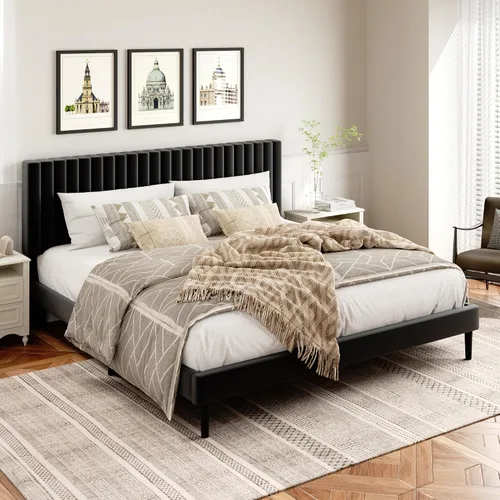 Vista 8 de HAOARA Base de cama de plataforma tamaño Queen con cabecera tapizada de terciopelo, marco de cama Queen con listones de madera fuertes, somier Beige