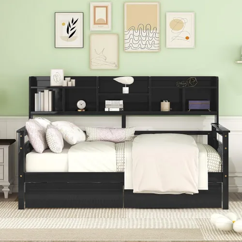 Vista 3 de Sofá cama de tamaño individual con cajones, sofá cama individual de madera con estante de noche, soporte de listones de madera, espresso