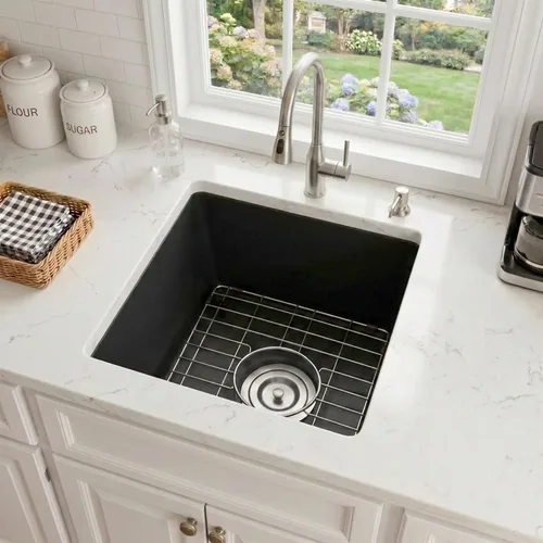 Vista 13 de Fregadero de barra negro de montaje inferior, fregadero pequeño de barra compuesto de 15 x 17 pulgadas, fregaderos de cocina y barra de granito
