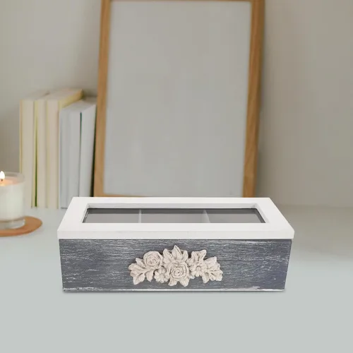 Vista 5 de BESTYASH Cofre de té de madera organizador 3 compartimentos con tapa y Acabado blanco, almacenamiento decorativo versátil para paquetes de café