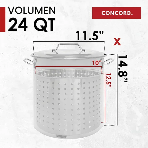 Vista 5 de CONCORD Olla de acero inoxidable con cesta de vapor. Utensilios de cocina ideales para hervir y cocinar al vapor (24 cuartos de galón)