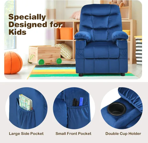 Vista 7 de Costzon Silla reclinable para niños con soporte para tazas, silla de salón de terciopelo ajustable con reposapiés y bolsillos laterales