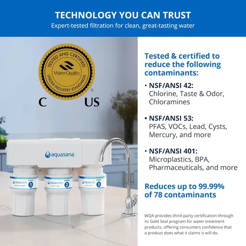 Vista 4 de Aquasana Filtro de agua para debajo del fregadero Filtración de 3 etapas Certificado para reducir hasta un 99.99% de PFAS, plomo, cloro y más