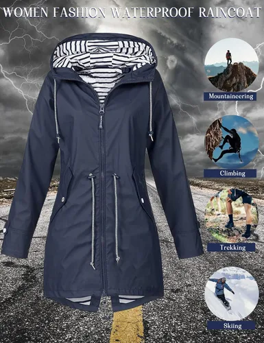 Vista 4 de Yimoon Chubasqueros para mujer, impermeables, largos, con cremallera y capucha, casual, ligero, forrado, con bolsillos, Azul oscuro