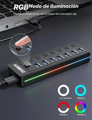 Vista 2 de Hub USB con tira de LED RGB,Divisor USB de 7 puertos para PC,Juegos USB 3.0 Hub Data Transfer - Individual LED On/Off Switches for Laptop, PC