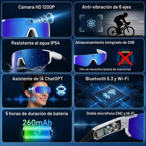 Vista 4 de Gafas de sol inteligentes Sport AI con cámara POV 4K (negro/azul hielo) Audio y video, traducción en tiempo real, asistente de voz AI