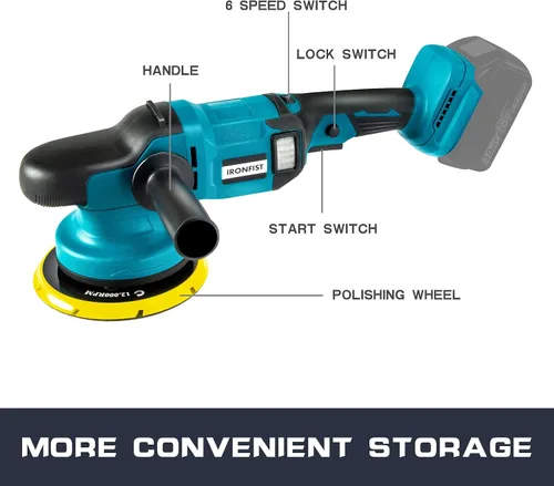 Vista 2 de IRONFIST Pulidora inalámbrica para automóvil, 6 pulgadas, sin escobillas, máquina de cera portátil orbital con 6 velocidades de 750 a 6800 RPM