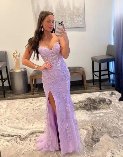 Vista 3 de Vestido de fiesta de sirena para mujer, largo de tul con cuello en V, apliques de encaje, tirantes delgados, vestidos formales de fiesta de noche