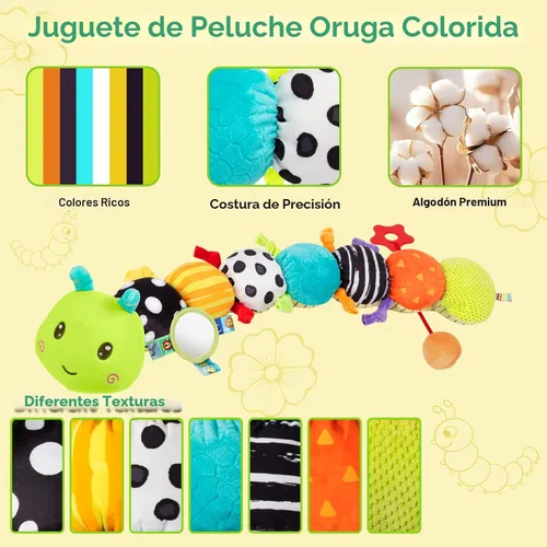 Vista 4 de Juguetes Sensoriales para Bebés de 0-6 6-12 Meses, Oruga de Peluche Musical con Sonido Arrugado y Sonajero, Juguetes para Tiempo Boca Abajo