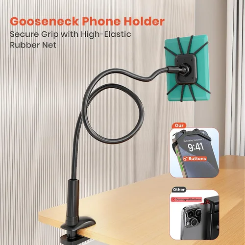 Vista 3 de Soporte para Kindle de cuello de cisne para leer en la cama, soporte de teléfono celular ajustable de 360° para escritorio, abrazadera flexible