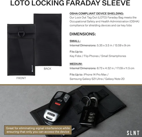 Vista 2 de SLNT Faraday - Funda para teléfono, con bloqueo de etiqueta, bolsa de bloqueo de señal (mediana) Weatherproof Nylon, Lockable Metal D-Ring