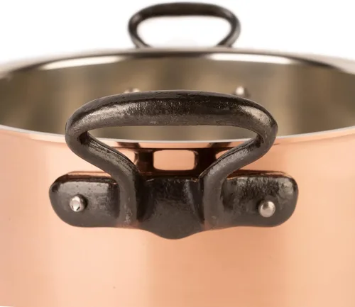 Vista 3 de olla de cobre estañado con asas y tapa de hierro fundido olla tradicional de cobre macizo olla de Francia ideal para sopas y guisos 1.5 cuartos