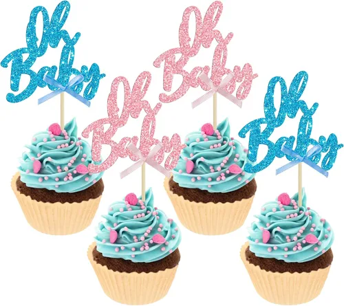 Vista 12 de 24 adornos para cupcakes con purpurina para baby shower, para baby shower, temática de revelación de género, decoraciones para pasteles para baby
