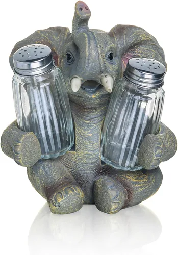 Vista 3 de Juego de saleros y pimenteros de elefante con tarros de especias de cristal, dispensador de sal y pimienta con figura de elefante de resina