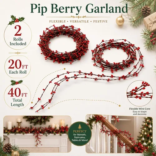 Vista 2 de RAINFLOW 40 FT Red Berry Garland - 2 Rolls Pip Berry Garland for Christmas