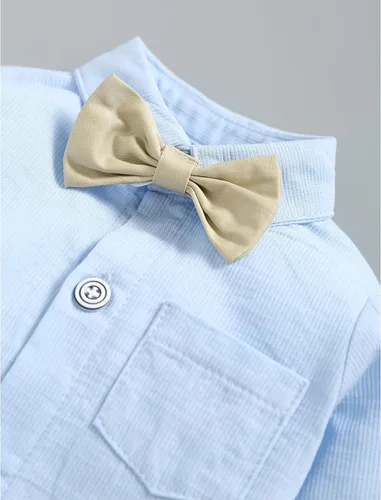 Vista 22 de Conjunto de chaleco para bebés y niños pequeños, camisa corta con corbatín y pantalones, trajes elegantes