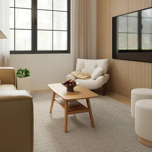 Vista 5 de Mesa de centro moderna de mediados de siglo: mesa de centro 100% de madera maciza, diseño de almacenamiento de 2 niveles, mesas de centro pequeñas