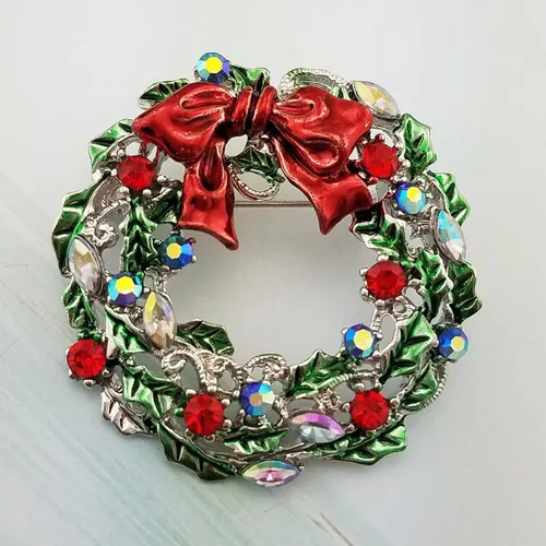 Vista 2 de SELOVO Broche redondo de cristal austriaco rojo verde plateado corona