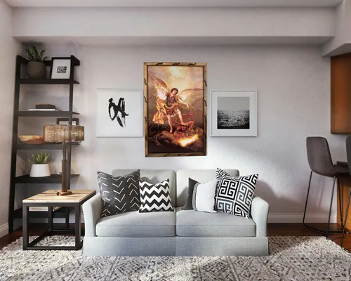 Vista 3 de Mrcjsales: Arcángel de San Miguel, imagen dorada en marco rústico, pintura al óleo, 24 x 36 pulgadas, 13 x 18 pulgadas, 10 x 12 pulgadas, imagen