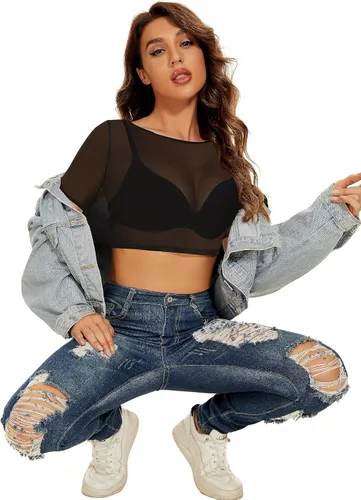 Vista 7 de Blusa de malla transparente para mujer, manga corta, manga larga, entallada, para discoteca