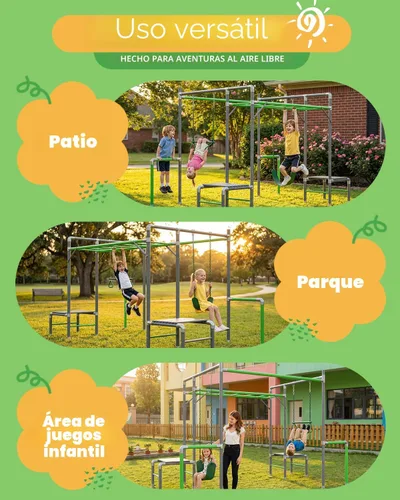 Vista 7 de Gimnasio de la Jungla al Aire Libre con Marco de Barras para Monos, Set de Escalada, Barra de Trapecio, Columpio de Cinturón, Barras de Gimnasia