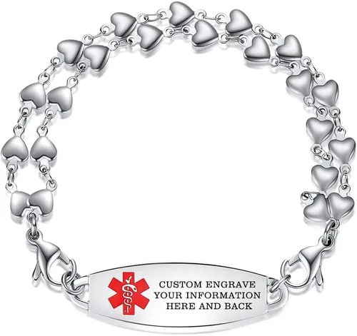 Vista 4 de LinnaLove Pulsera de alerta médica intercambiable de acero inoxidable con eslabones de corazón