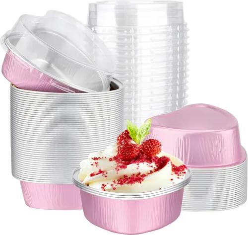 Vista 7 de EUSOAR Moldes para hornear en forma de corazón, de papel de aluminio, de 3.4 onzas, con tapas, aperitivos, postres, flan, cupcakes, tartas, ramekin