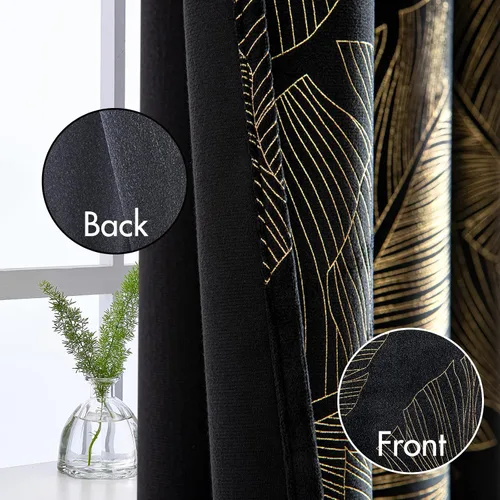 Vista 6 de MIULEE Cortinas opacas de terciopelo negro de 84 pulgadas de largo, juego de 2 paneles de cortinas estampadas con estampado de hojas doradas