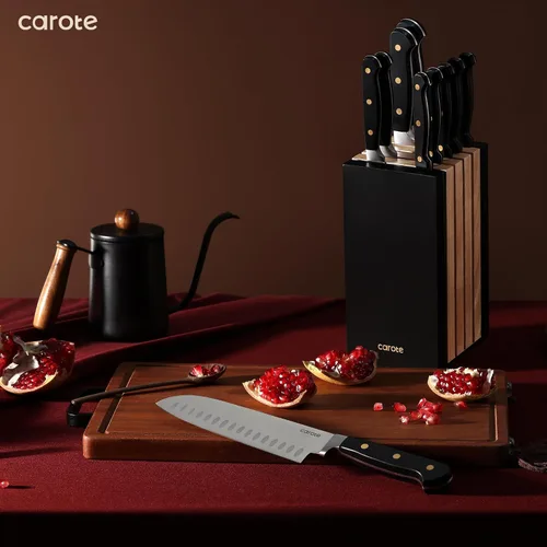 Vista 7 de CAROTE Juego de 11 cuchillos con bloque para cocina, hoja súper afilada de acero inoxidable, mango ergonómico con triple remache, bloque magnético