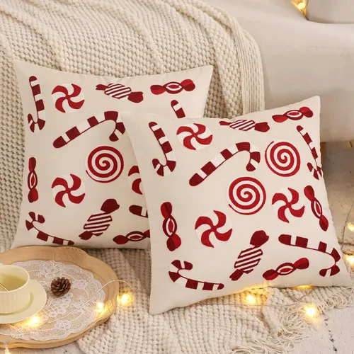 Vista 5 de Funda para almohadón navideño 18 x 18 pulgadas, juego de 2, funda de almohada de terciopelo beige con bastón de caramelo, funda para almohadón