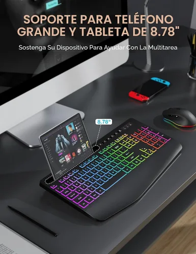 Vista 4 de Combo de teclado y mouse inalámbricos SABLUTE - 9 efectos retroiluminados, 2.4 GHz Ergo Wrist Rest, Phone Holder, Full Size, Rechargeable, Sleep