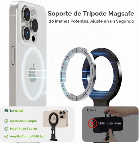 Vista 2 de elitehood Soporte para trípode Magsafe de aluminio, soporte de teléfono compacto para trípode con placa de liberación rápida Arca Swiss y adaptador