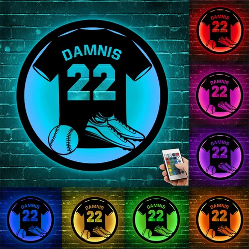Vista 15 de Letrero de metal de béisbol personalizado con luz LED, nombre de camiseta de béisbol personalizable, número, decoración de pared, regalo para casco