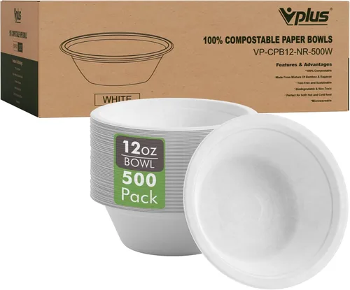 Vista 8 de Vplus Paquete de 500 Cuencos de Papel de 12 OZ a Granel, Desechables Compostables, Ecológicos de Bagazo, Cuencos de Alta Resistencia Perfectos