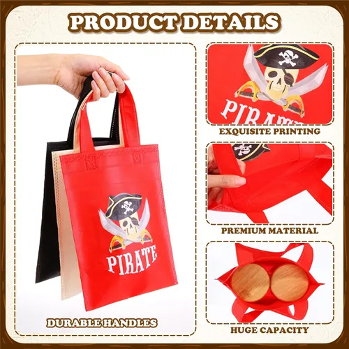Vista 4 de Hosuly 24 bolsas de regalo para fiesta de pirata, regalos de fiesta de cumpleaños pirata, bolsas de botín no tejidas para regalo, dulces, tesoros