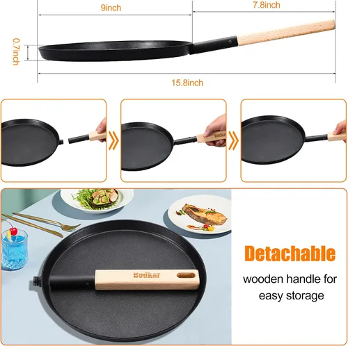 Vista 2 de bodkar Sartén de 8 pulgadas para freír y saltear, sartén plana para crepas, parrilla ligera con mango de madera para cocinar al aire libre y en Negro